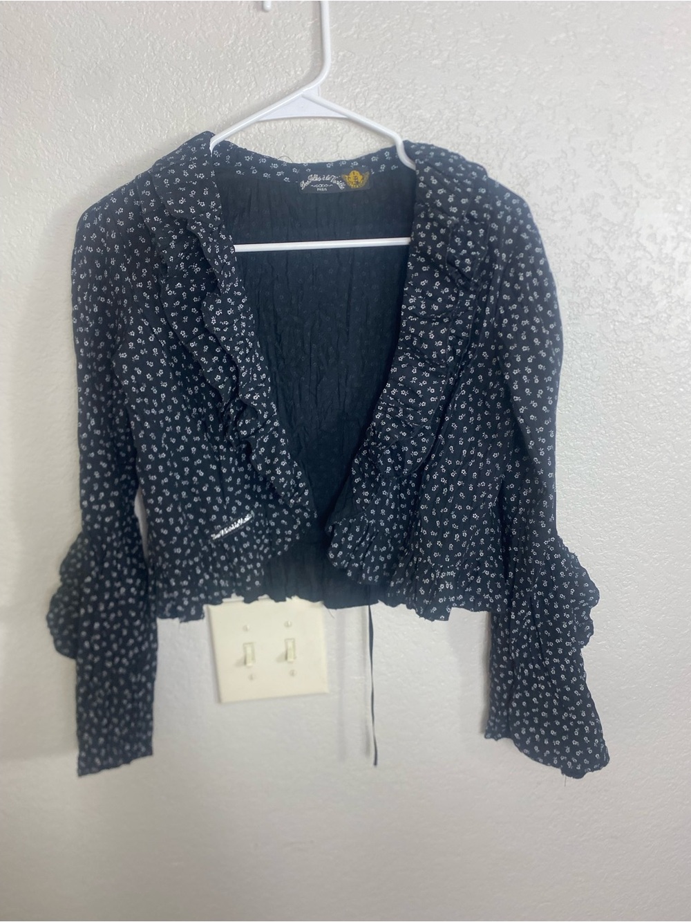 Romantic French Black Shrug Top 3/4 Ruffle Bell Sleeves, white floral whimsical